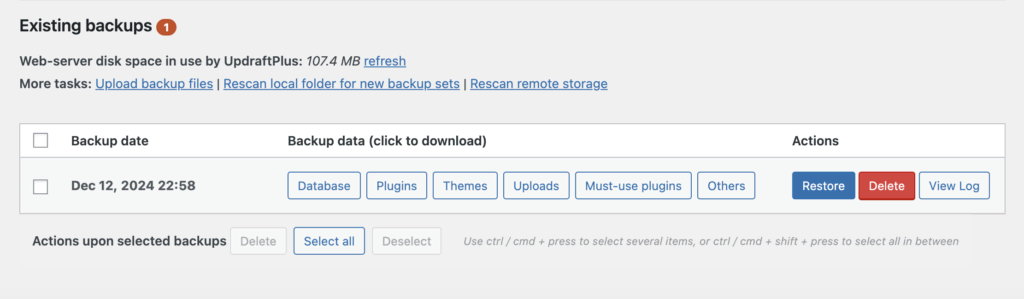 seção de backups existentes no updraftplus para wordpress