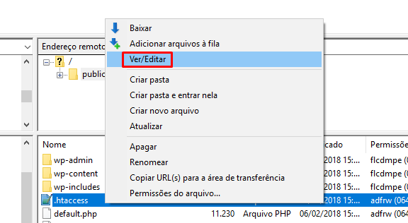 editar arquivo htaccess