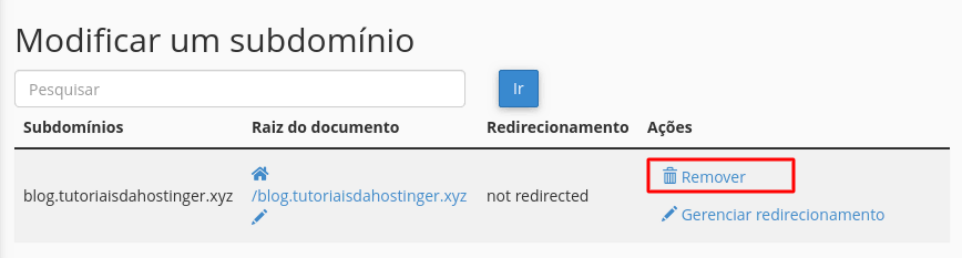 remover ou modificar um subdomínio