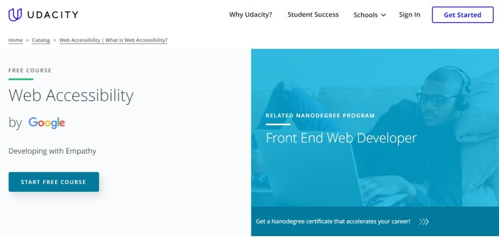 Página do curso de acessibilidade web do Google oferecido no site da Udacity